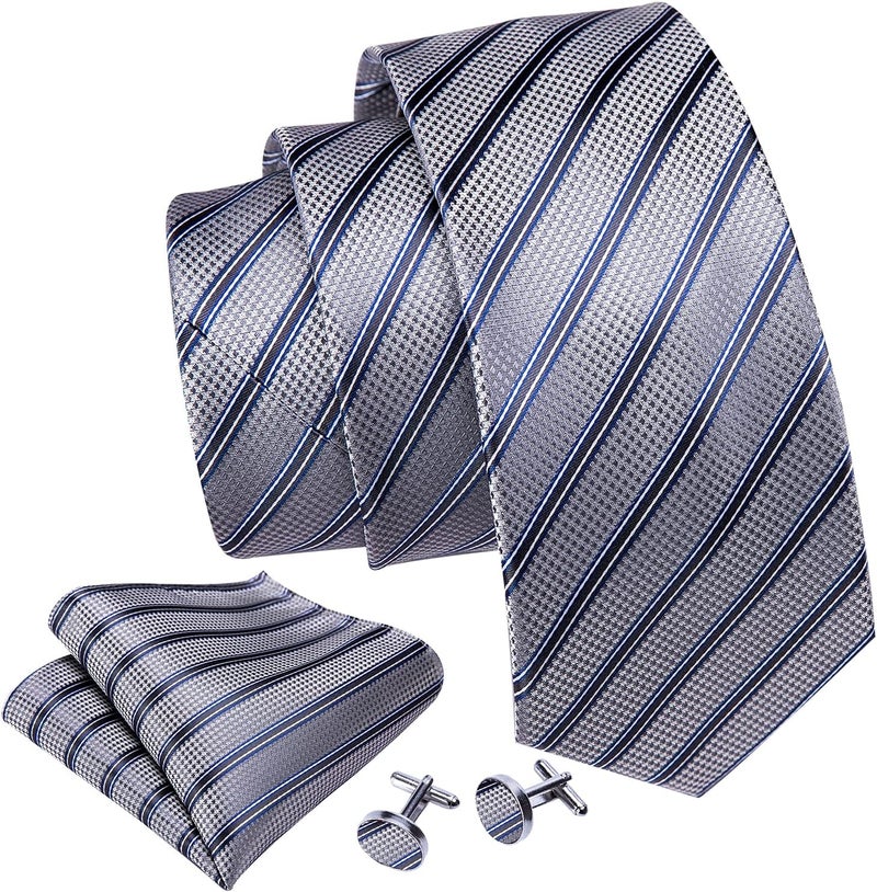 Barry.Wang Store Tie Sets for Men Silk Stripe Necktie Woven Checkered Handkerchief Cufflinks Formal Business Wedding - Image 2